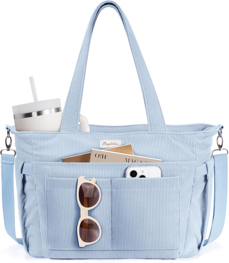 Bagstellar Corduroy Tote Bag for Women, 17 Pockets Laptop Work Tote Bag Lightweight Teacher Nurse Bible Bag for School Travel | with 40oz Cup Holder, Multi Compartment, Zipper Crossbody Bag, College Shoulder Bag, Daily Purse w/ Strap, Ideal Gift for Women - Image 1